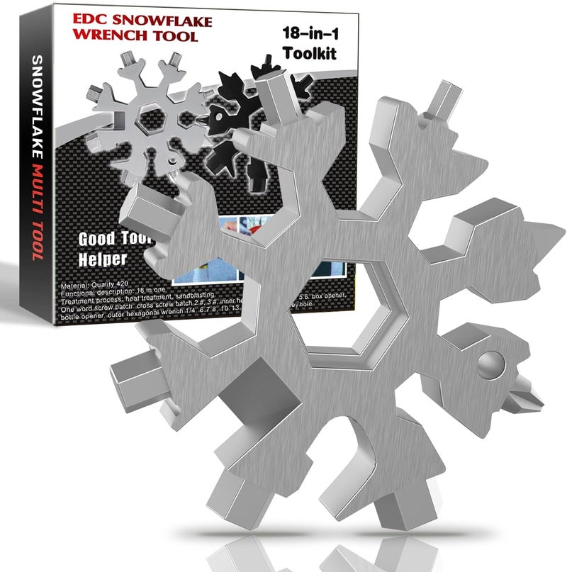FODARSAI 18-in-1 Snowflake Multitool, Stocking Stuffers for Men, Cool Camping Tool Gadgets for Men, Unique Gifts for Dad, Husband, Boyfriend (Silver) - Image 1